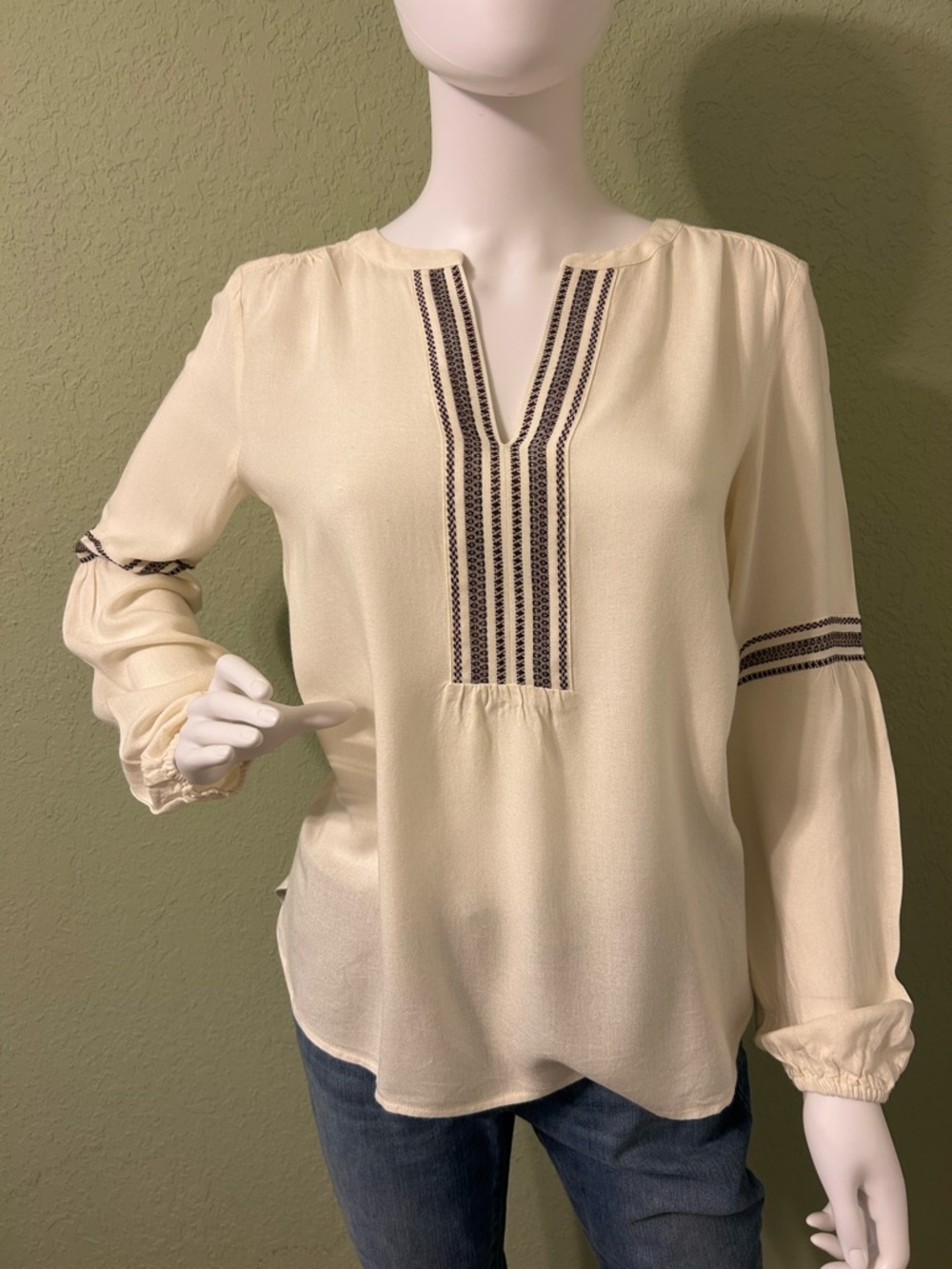 LOFT Cream Peasant Blouse with Maroon Embroidery